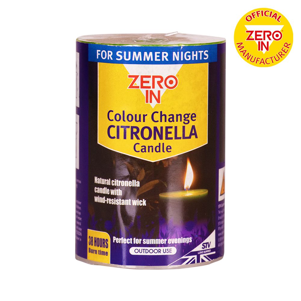 Zero In Citronella Colour-Change Pillar Candle - Repels Mosquitoes. Natural. LED for Gardens